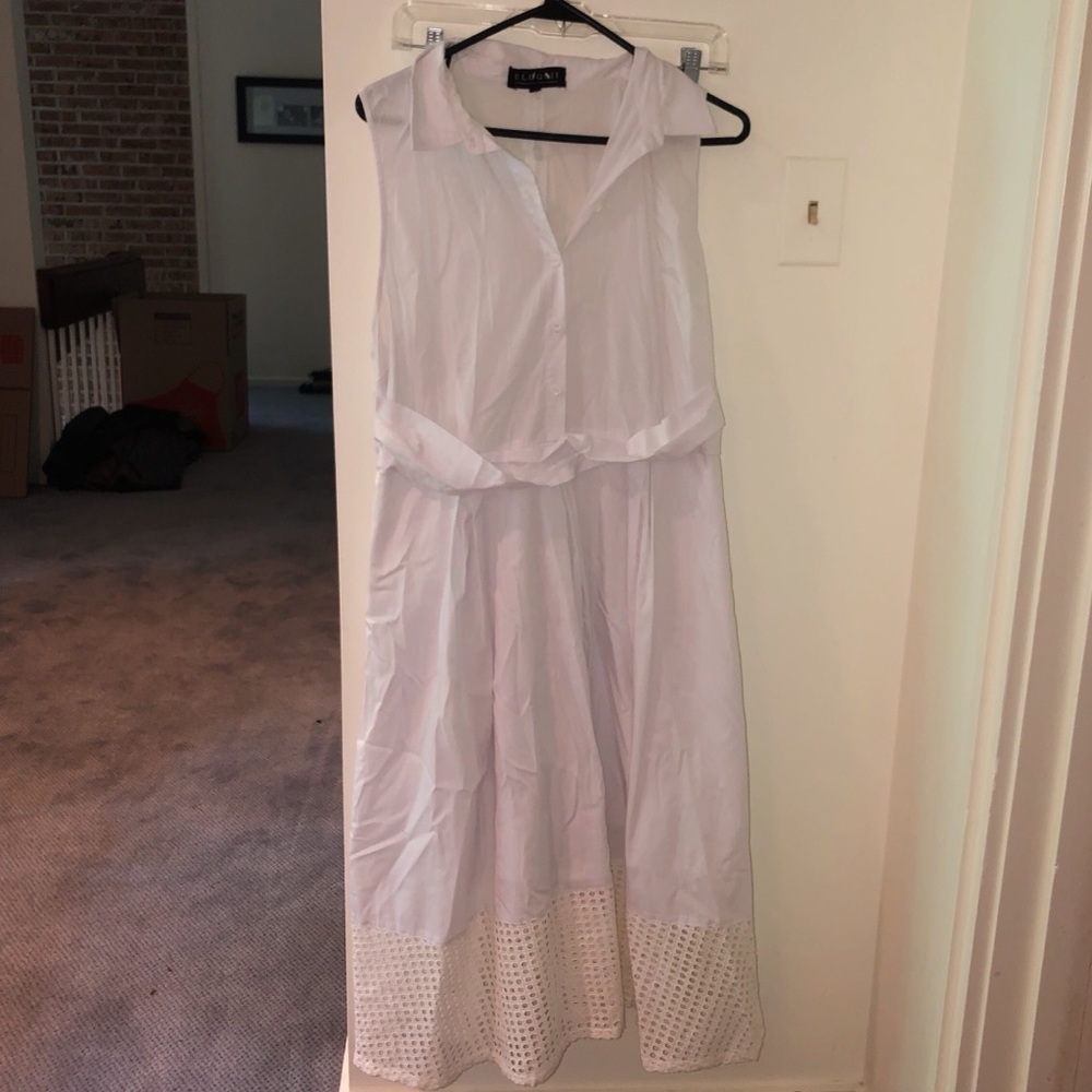 ELOQUII Linen Button Down Collared Eyelet Dress